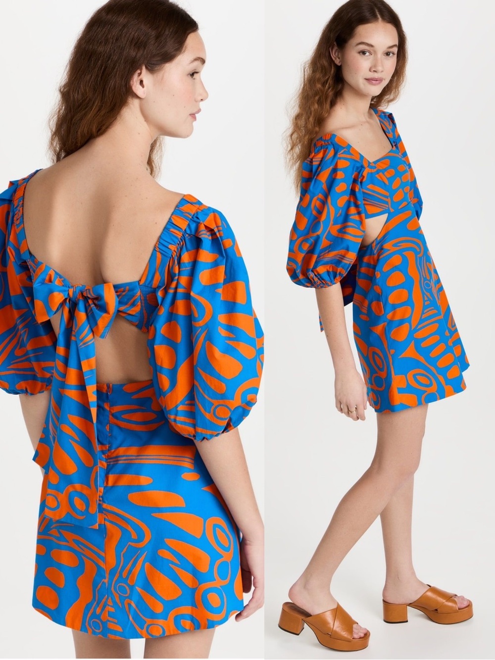 Alexis Bodhi Dress Indigo Blue Orange Cotton Cutout Puff Sleeve Mini Size Small